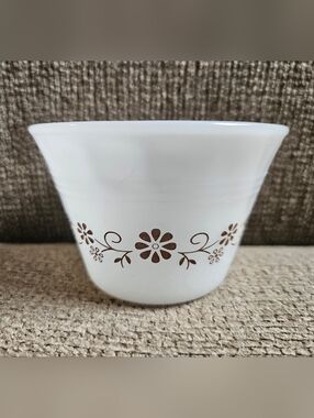 Vintage Dynaware Milk Glass Ramekin Custard Cup Brown Floral